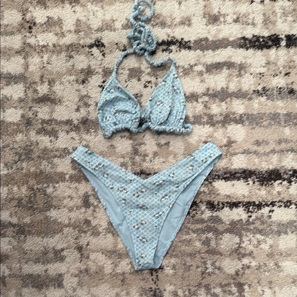 Frankie's Bikinis Light Blue Floral Crochet Triangle Bikini